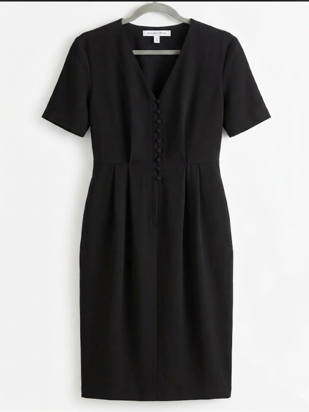 & Other Stories Black V-Neck Midi Dress with Covered Buttons Short Sleeve Sz 10